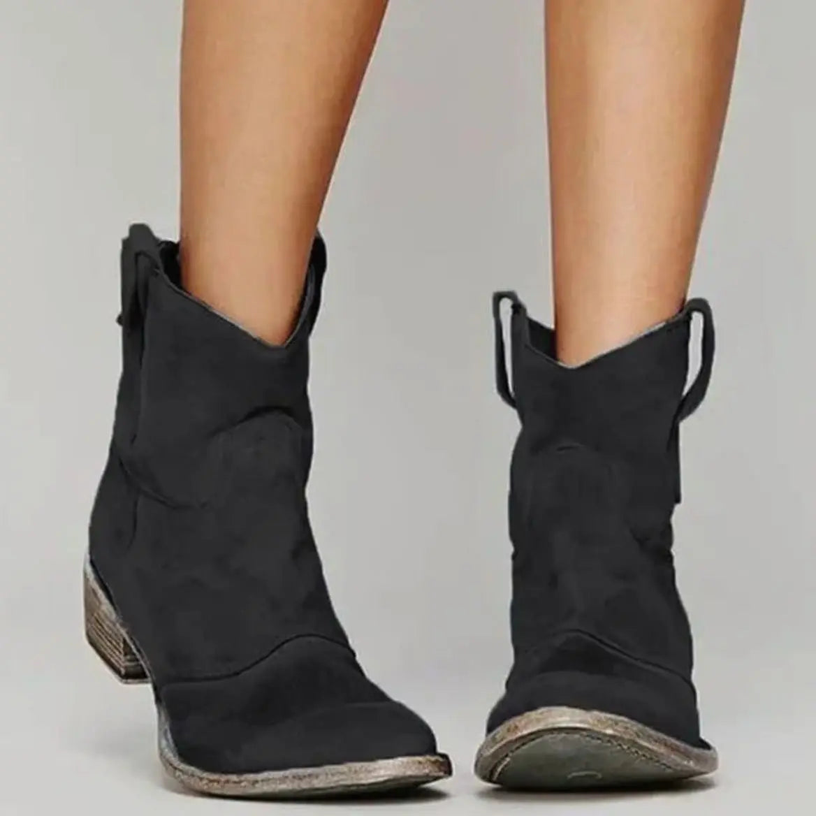Women's Vintage Western Suede Slip-On Ankle Boots - Black