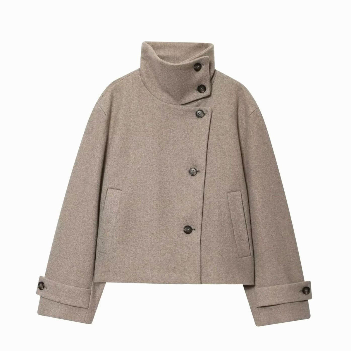 Women's Vintage Wool Blend Stand Collar Short Coat - Beige