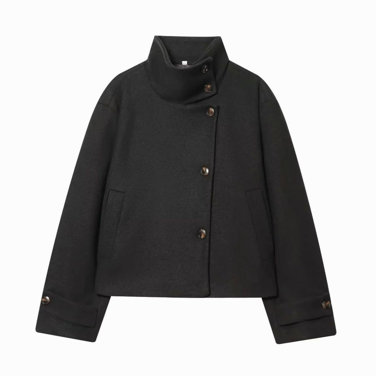 Women's Vintage Wool Blend Stand Collar Short Coat - Black