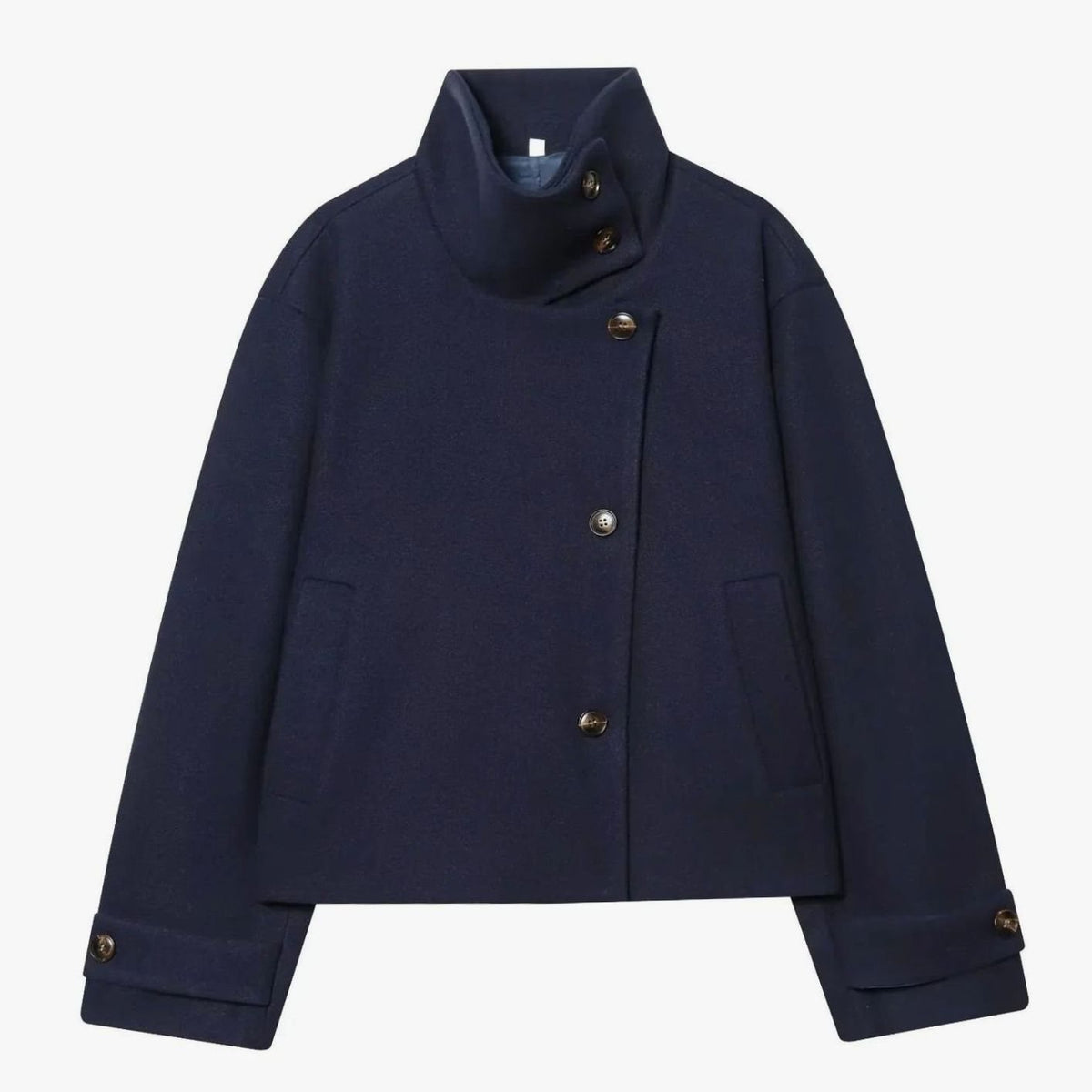 Women's Vintage Wool Blend Stand Collar Short Coat - Dark Blue