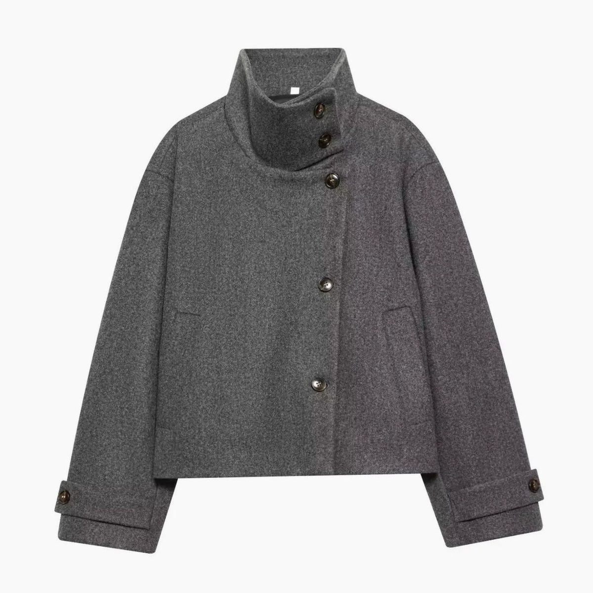 Women's Vintage Wool Blend Stand Collar Short Coat - Grey