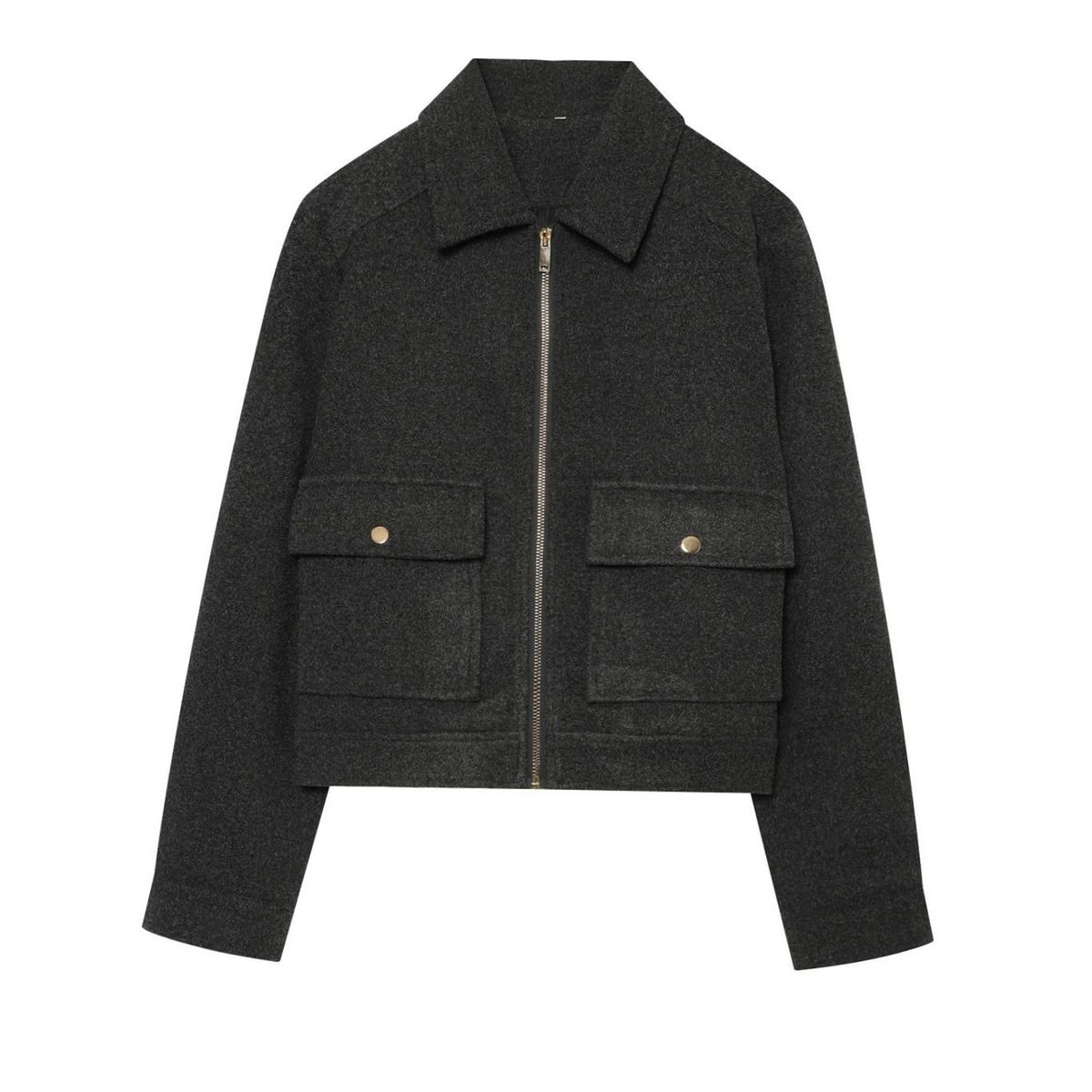 Women's Vintage Wool Blend Stand Collar Short Coat - Grey Black