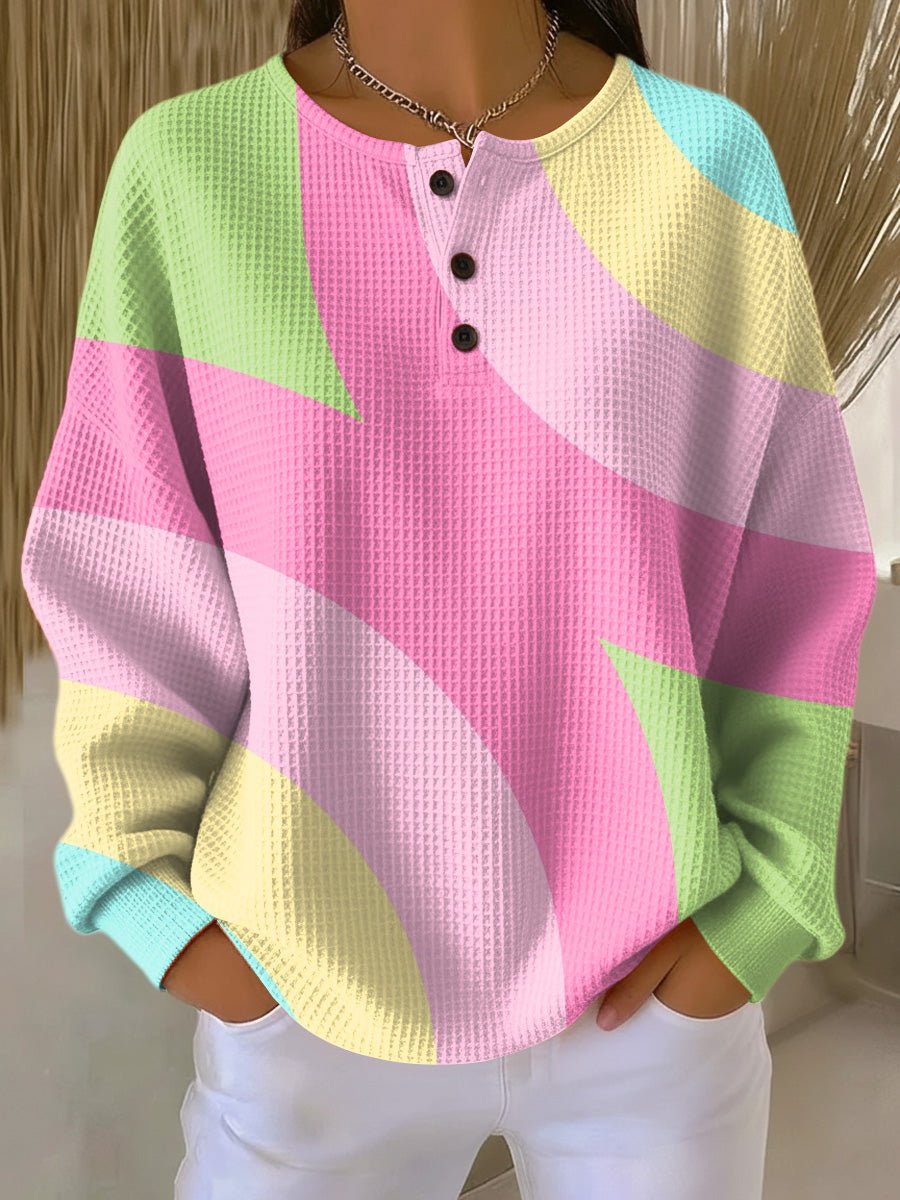 Women's Waffle Knit Jumper Abstract Geometric Pattern - Pink
