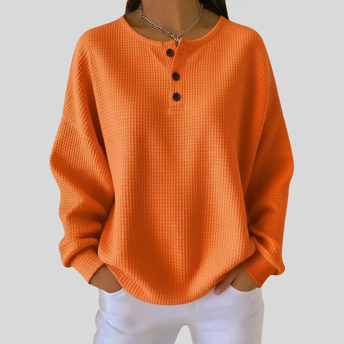 Women's Waffle Knit Sweater Long Sleeve Henley Pullover Top