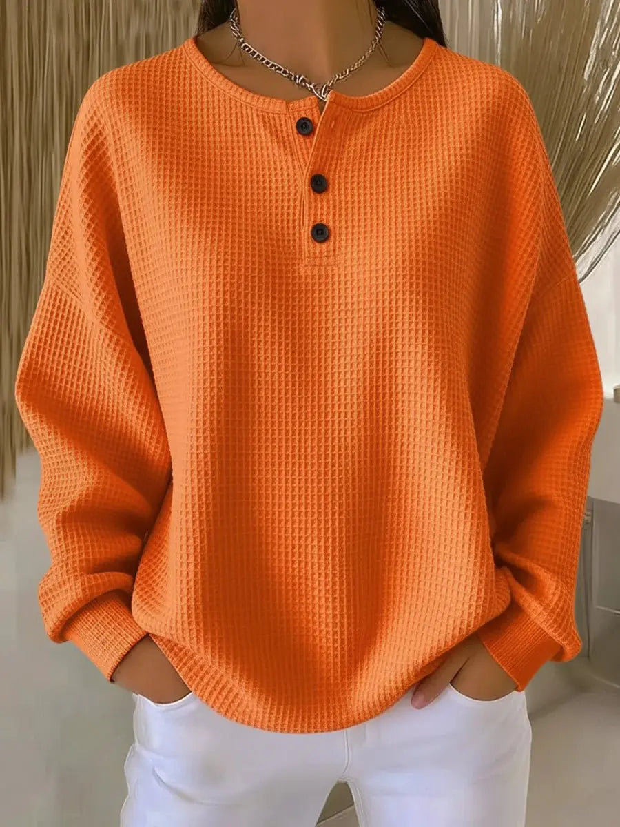 Women's Waffle Knit Sweater Long Sleeve Henley Pullover Top - Orange