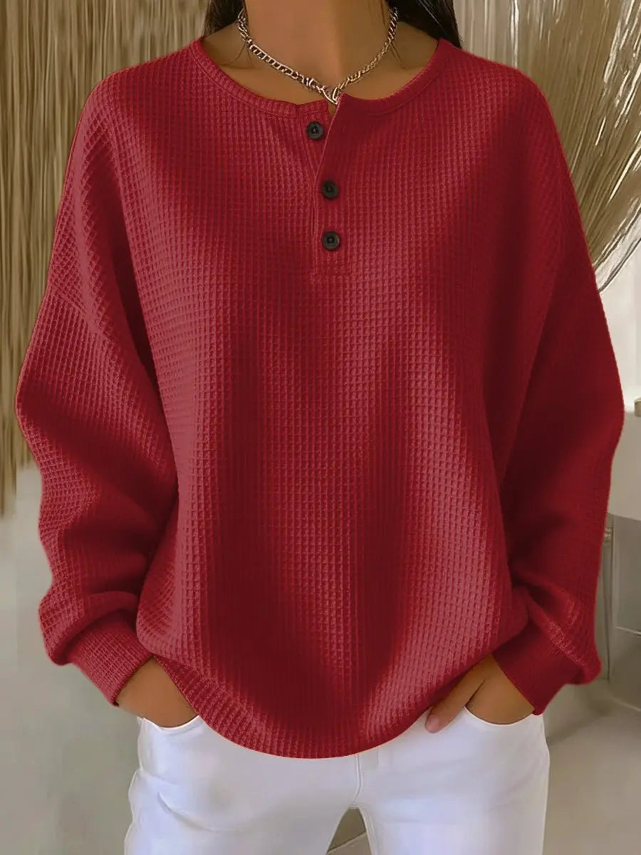 Women's Waffle Knit Sweater Long Sleeve Henley Pullover Top - Red