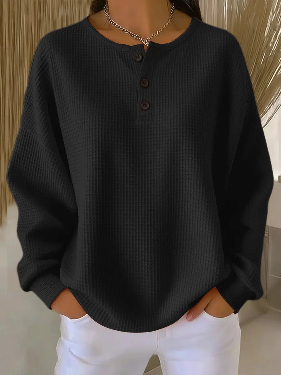 Women's Waffle Knit Sweater Long Sleeve Henley Pullover Top - Black