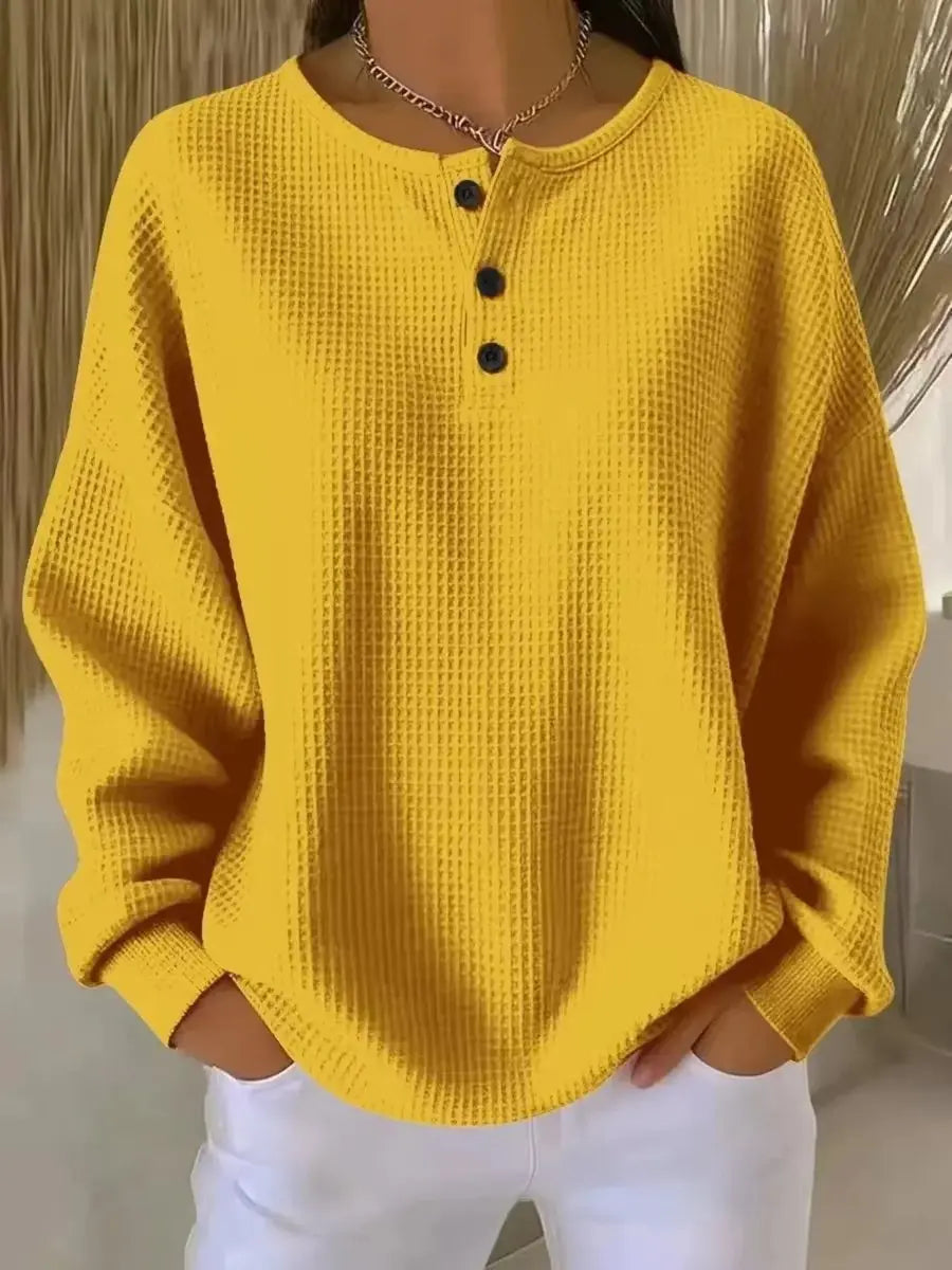 Women's Waffle Knit Sweater Long Sleeve Henley Pullover Top - Yellow