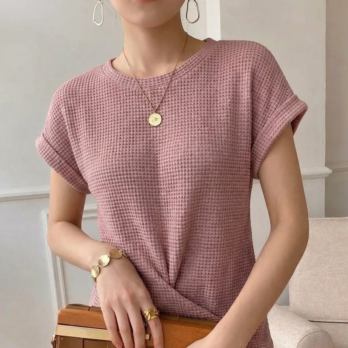 Women's Waffle Knit Twist-Hem Short-Sleeve Top - Pink