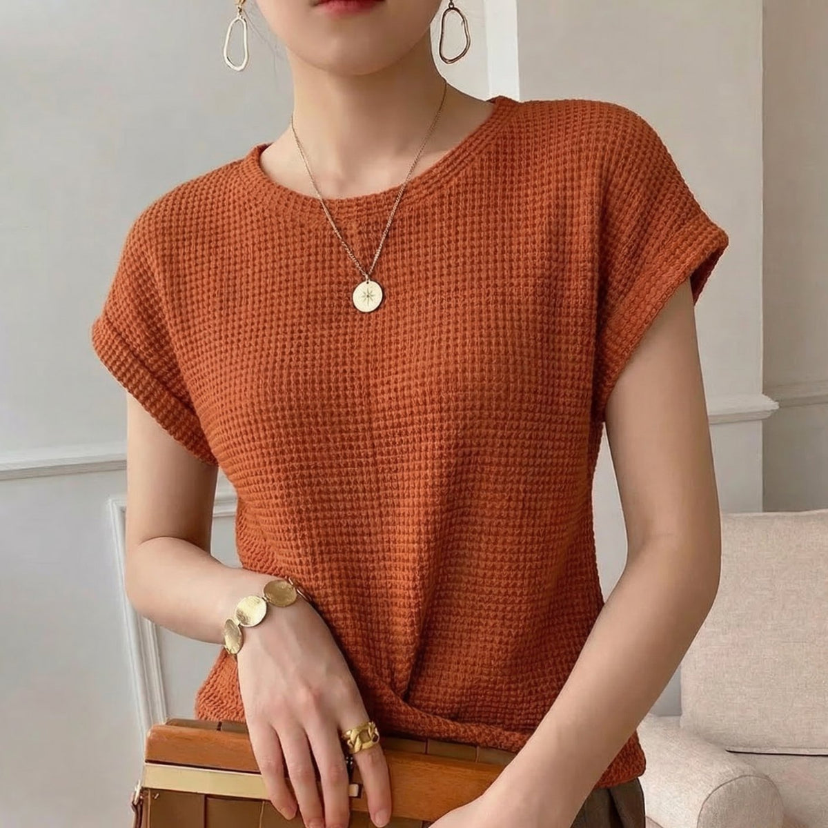 Women's Waffle Knit Twist-Hem Short-Sleeve Top - Orange