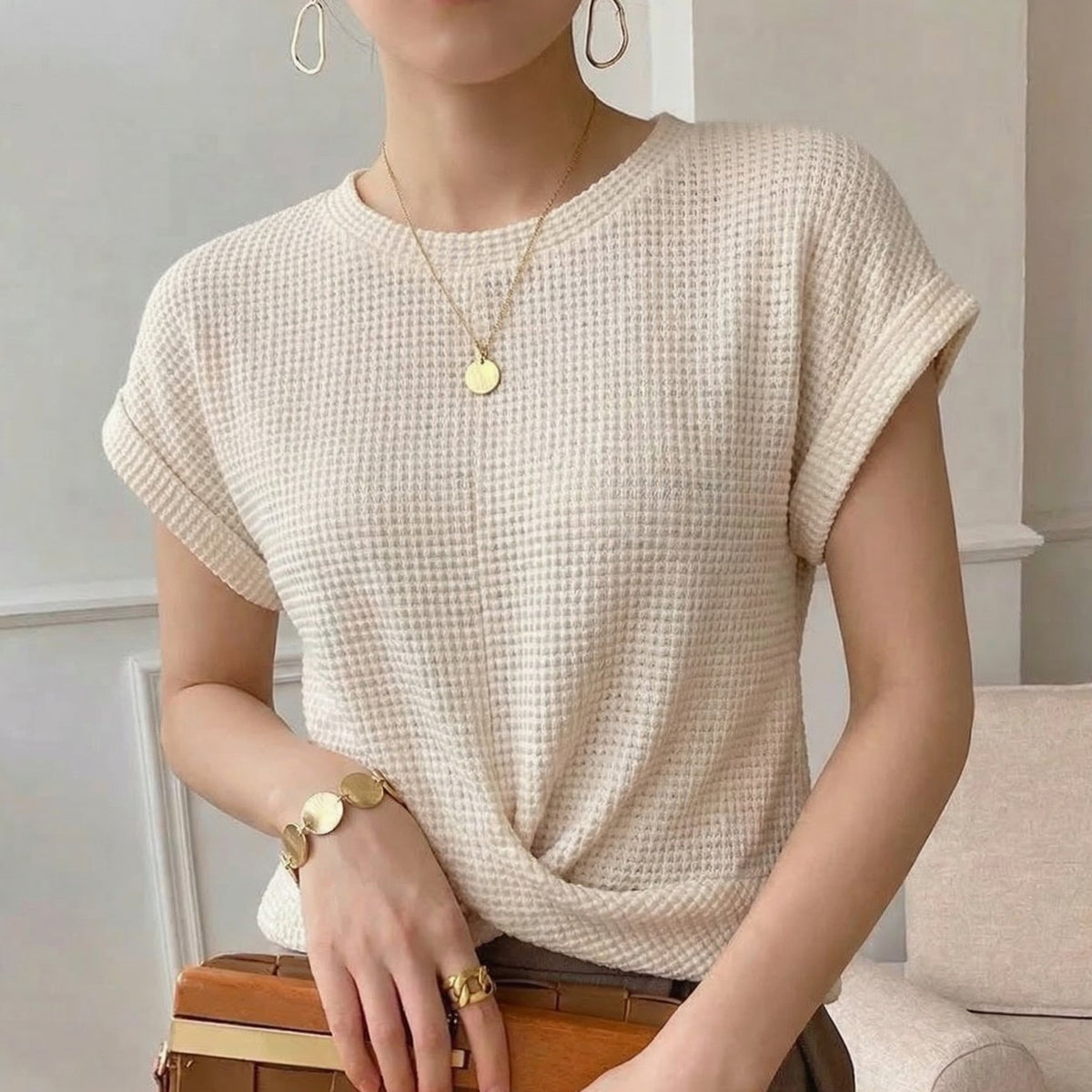 Women's Waffle Knit Twist-Hem Short-Sleeve Top - Cream