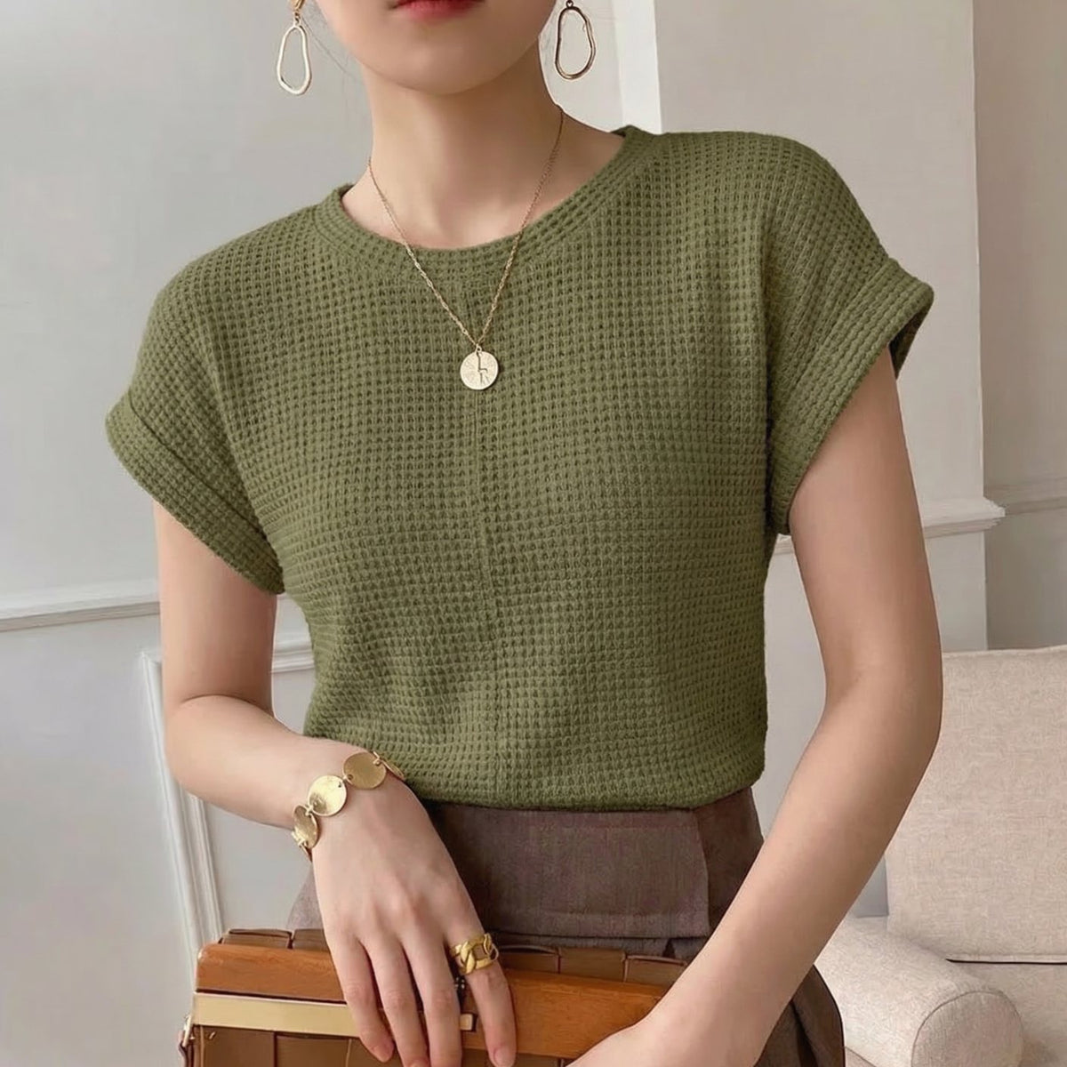 Women's Waffle Knit Twist-Hem Short-Sleeve Top - Green