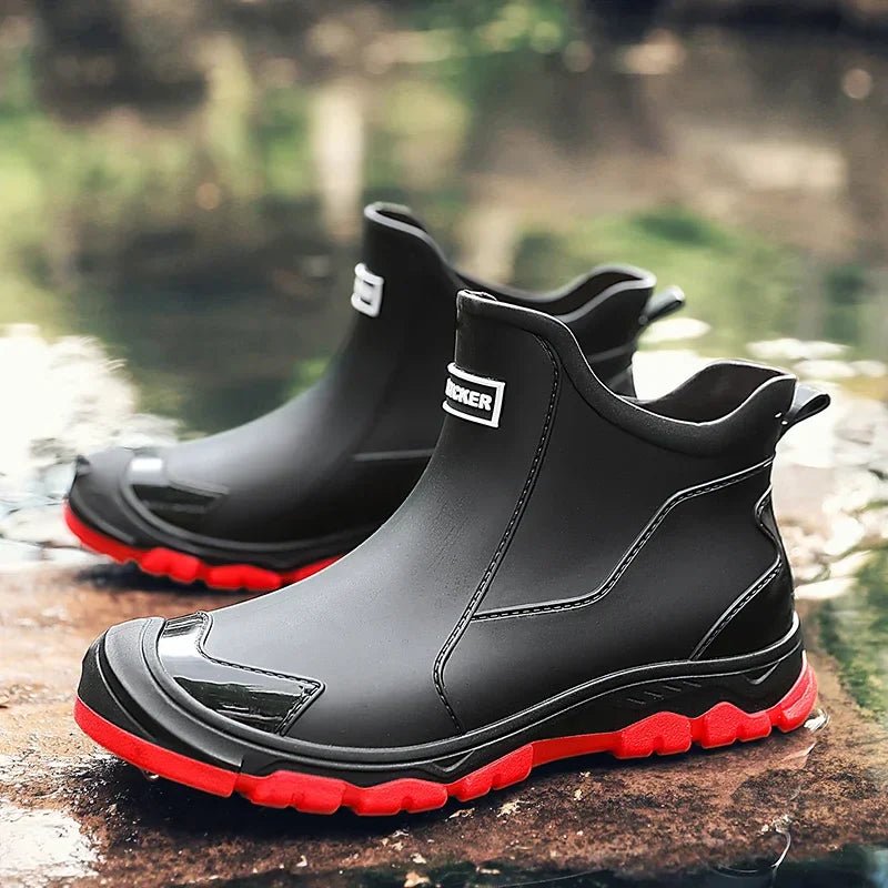 Women's Waterproof Boots Ankle Wellington Rain - Black/Red