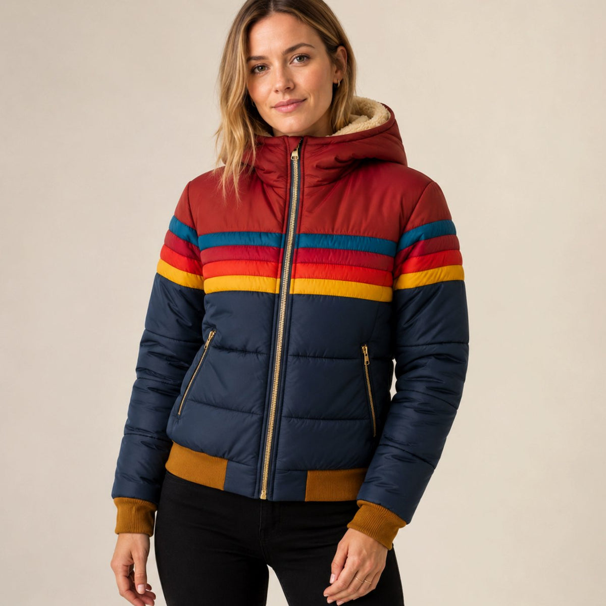 Women's Waterproof Hooded Striped Puffer Jacket - Navy