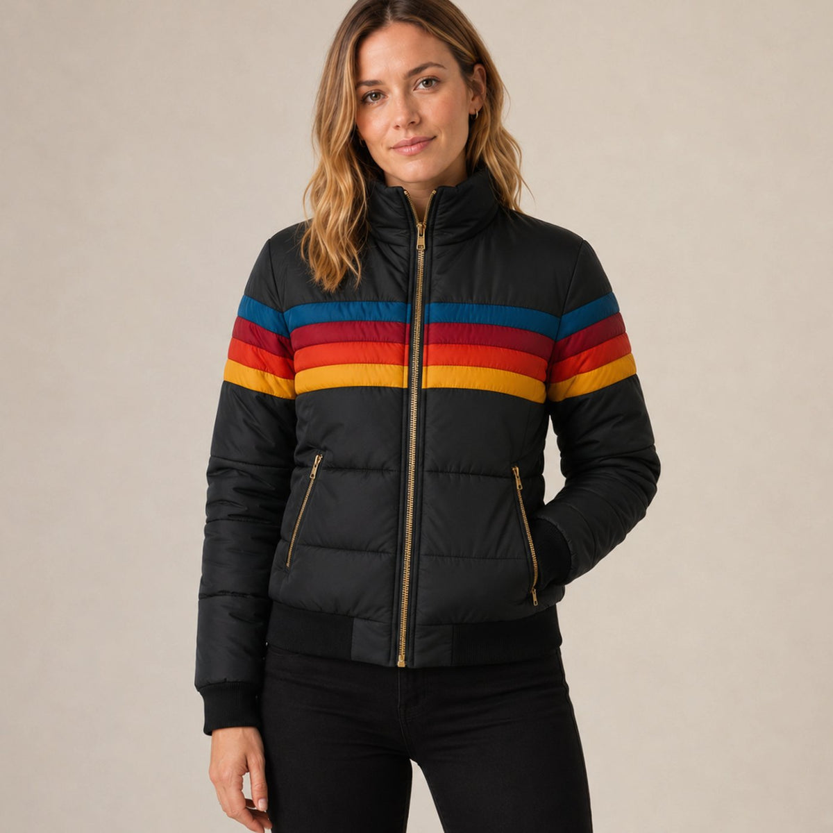 Women's Waterproof Hooded Striped Puffer Jacket - Black