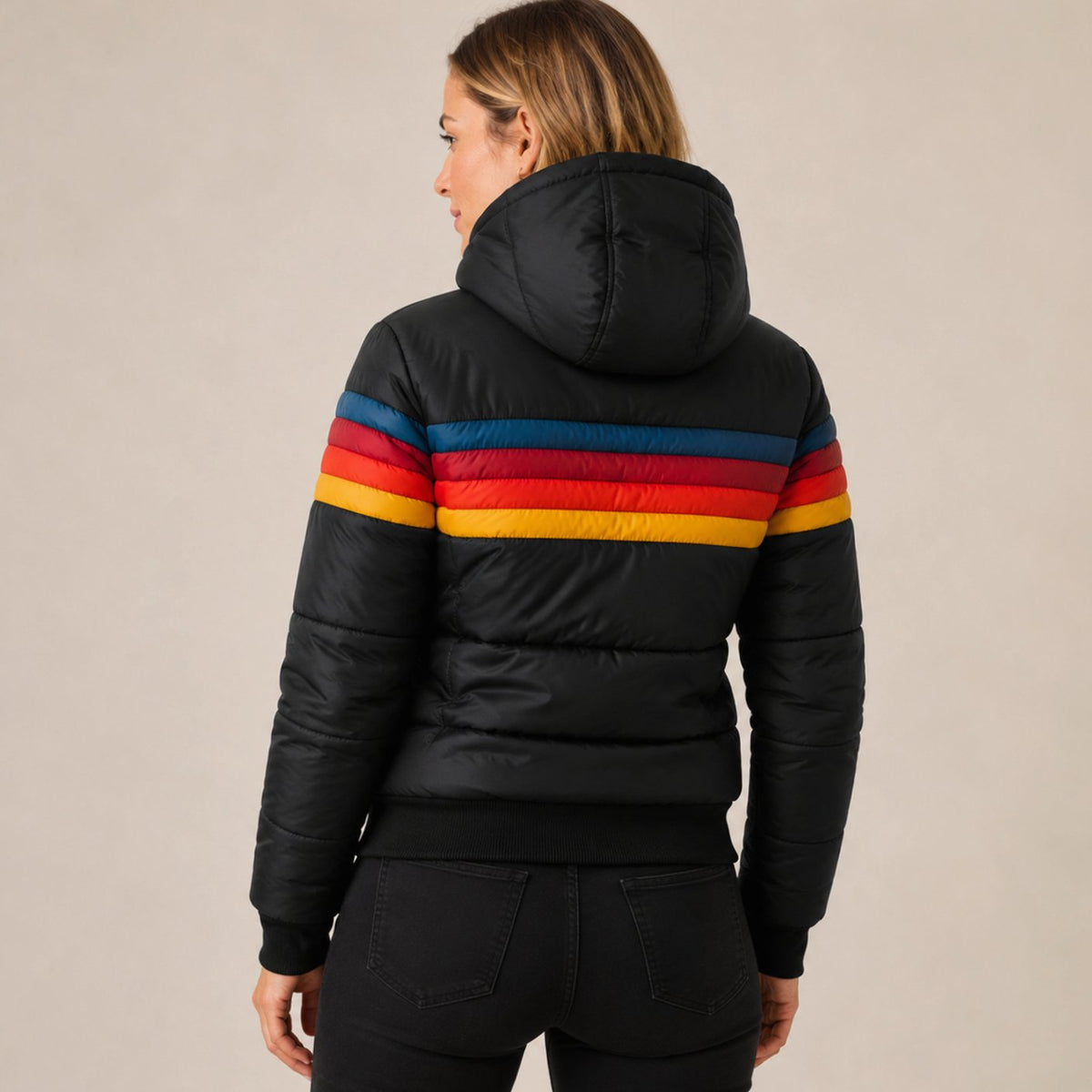 Women's Waterproof Hooded Striped Puffer Jacket