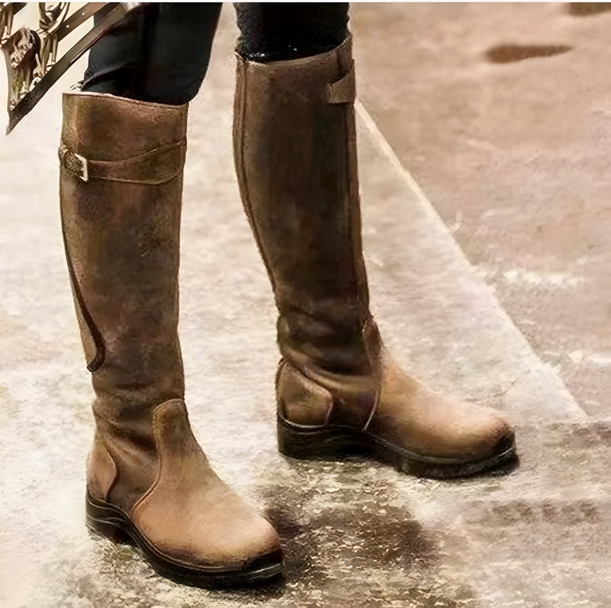 Women's Waterproof Leather Knee High Boots Buckle Detail - Brown