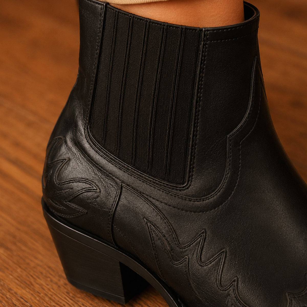 Women's Western Ankle Boots Pointed-Toe Block-Heel Leather