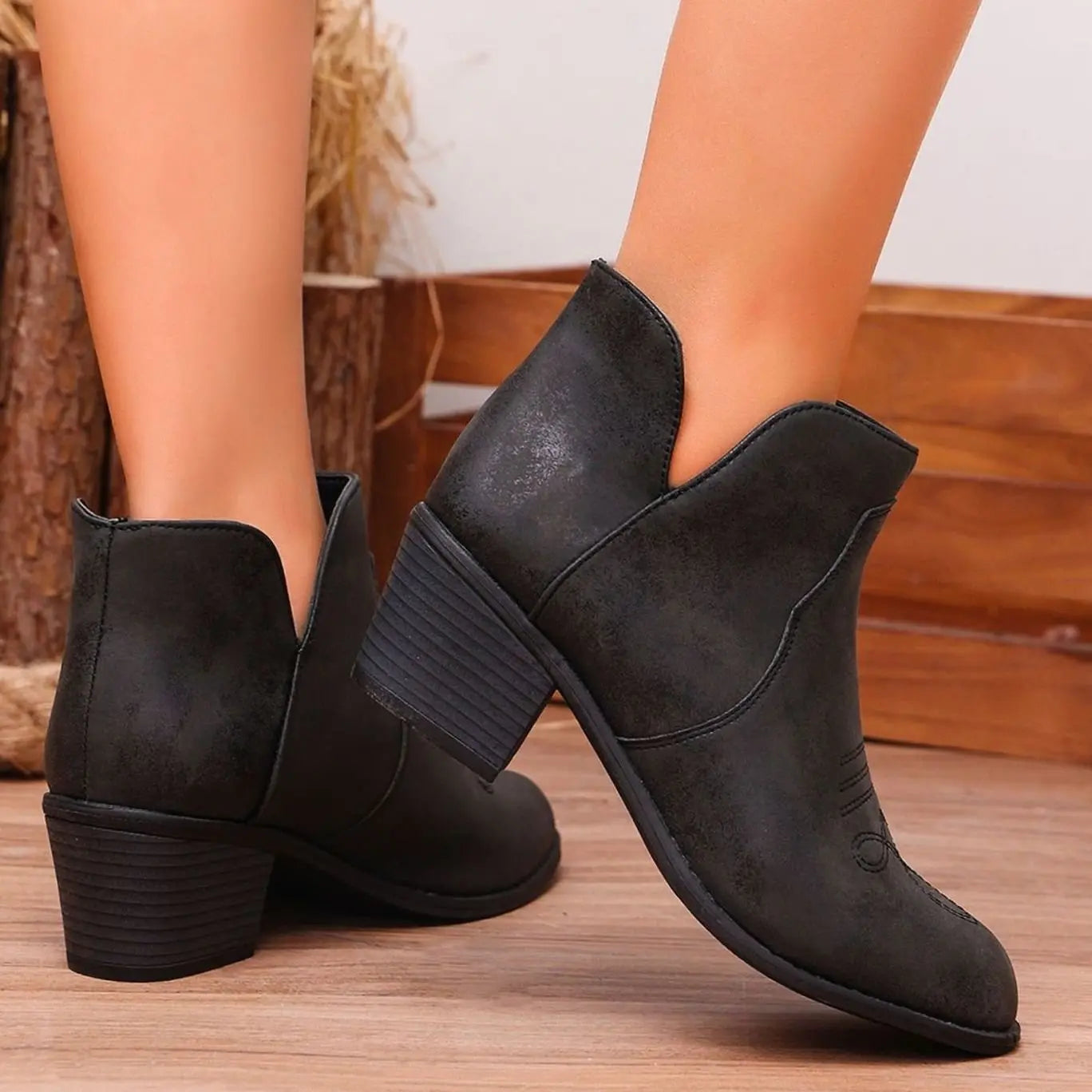 Women's Western-Embroidered Block-Heel Ankle Boots