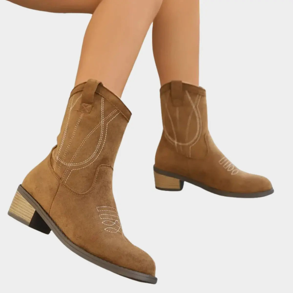 Women's Western-Stitch Suede-Look Cowboy Ankle Boots - Khaki