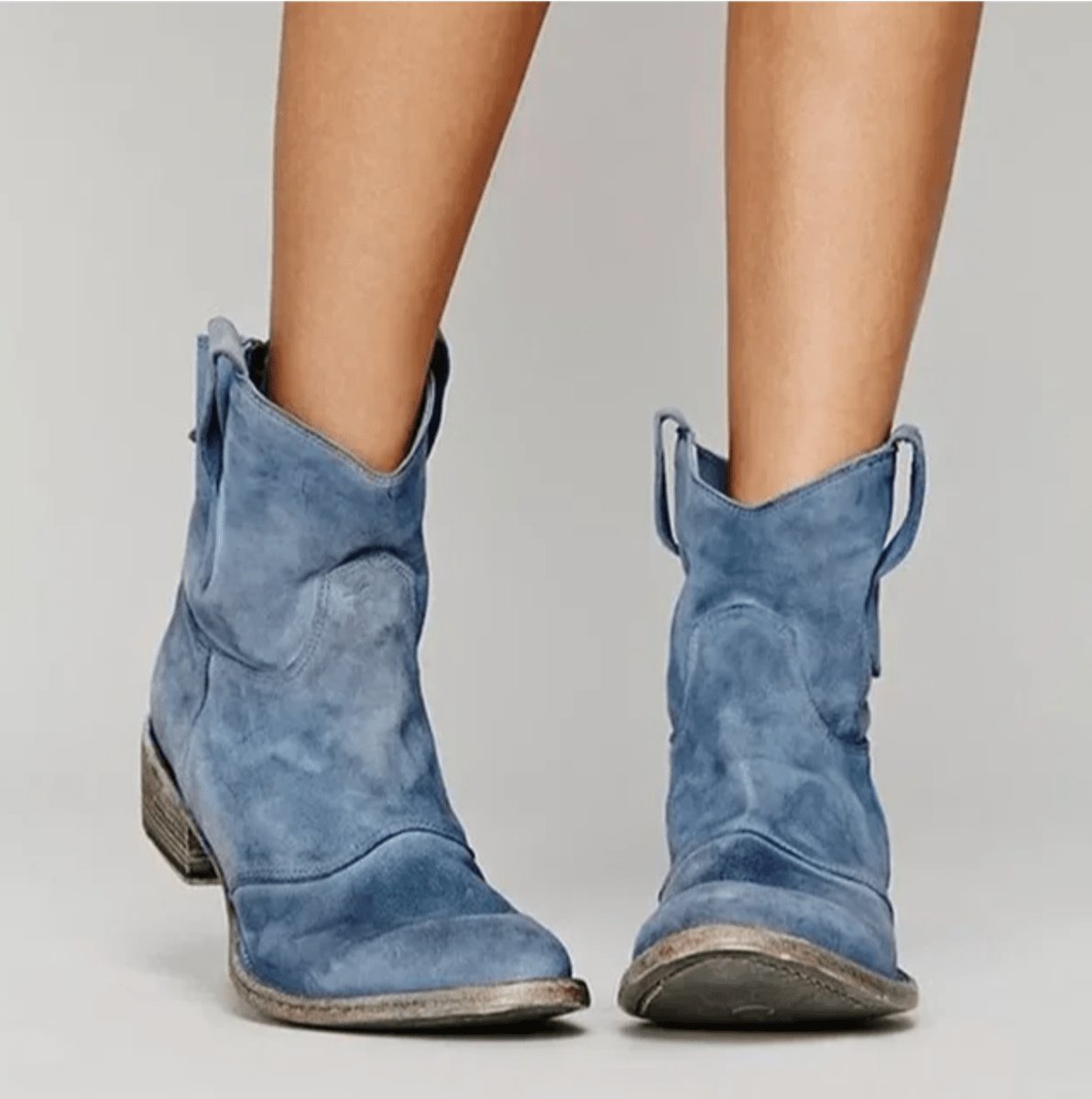 Women's Western-Style Suede Ankle Knee High Boots Flat Heel - Blue