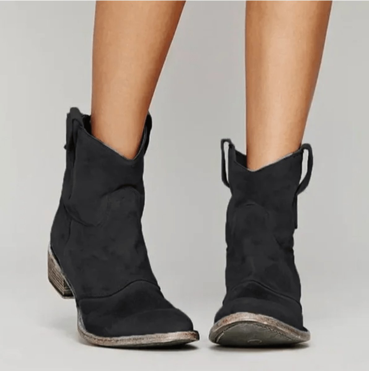 Women's Western-Style Suede Ankle Knee High Boots Flat Heel - Black
