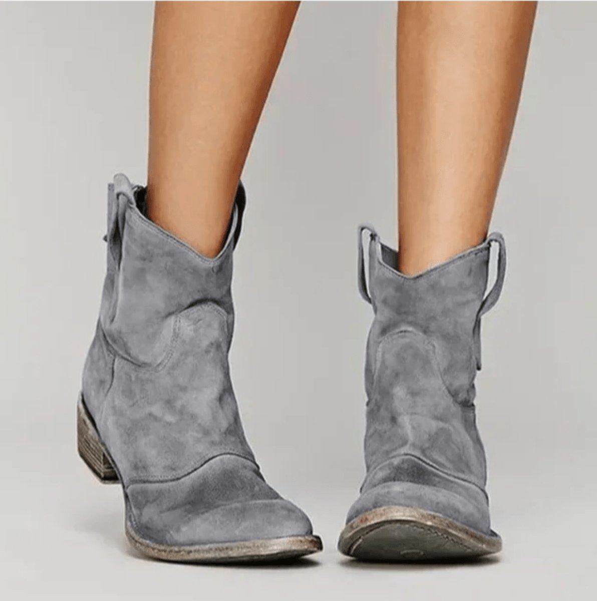 Women's Western-Style Suede Ankle Knee High Boots Flat Heel - Grey