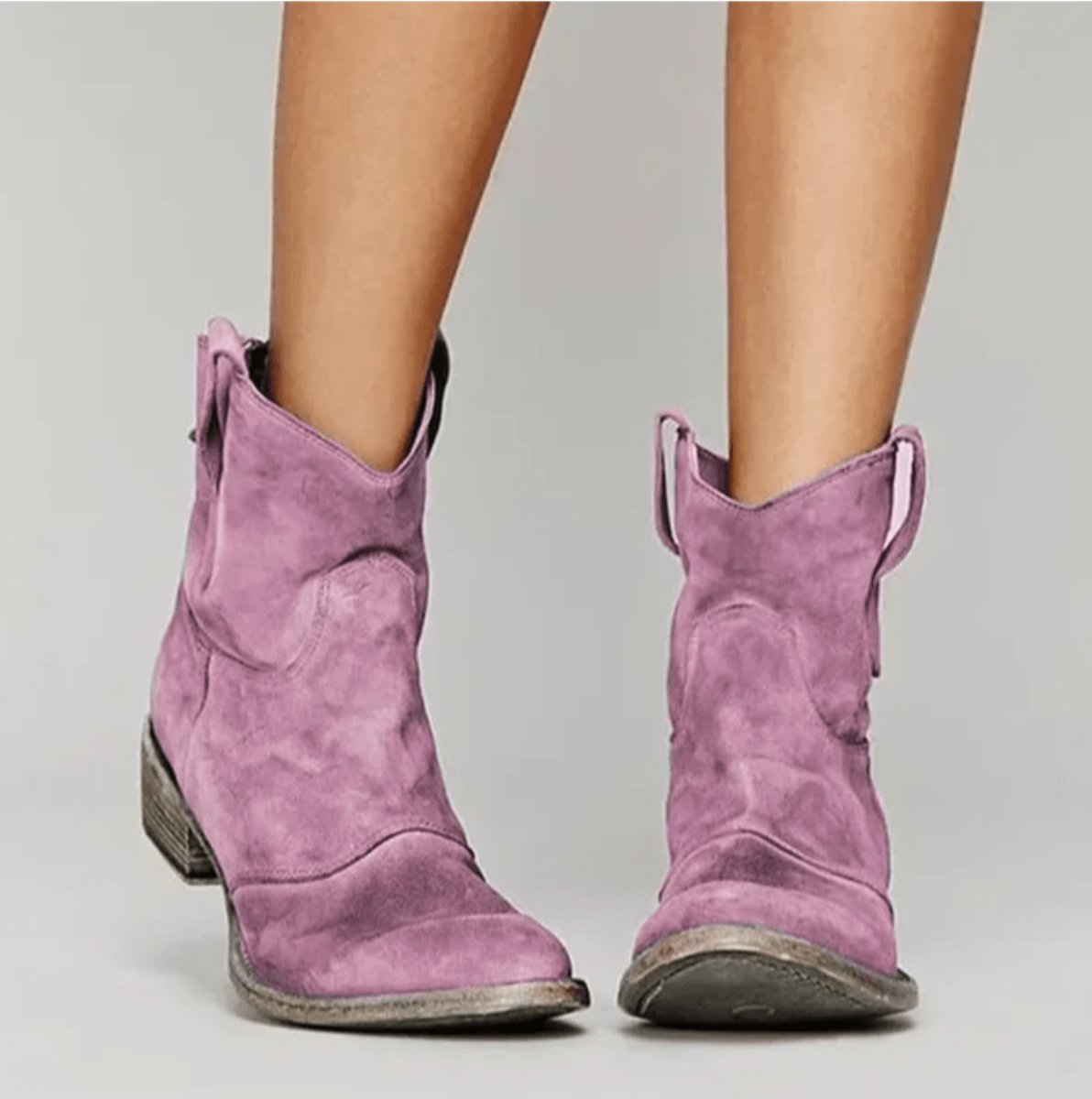 Women's Western-Style Suede Ankle Knee High Boots Flat Heel - Pink