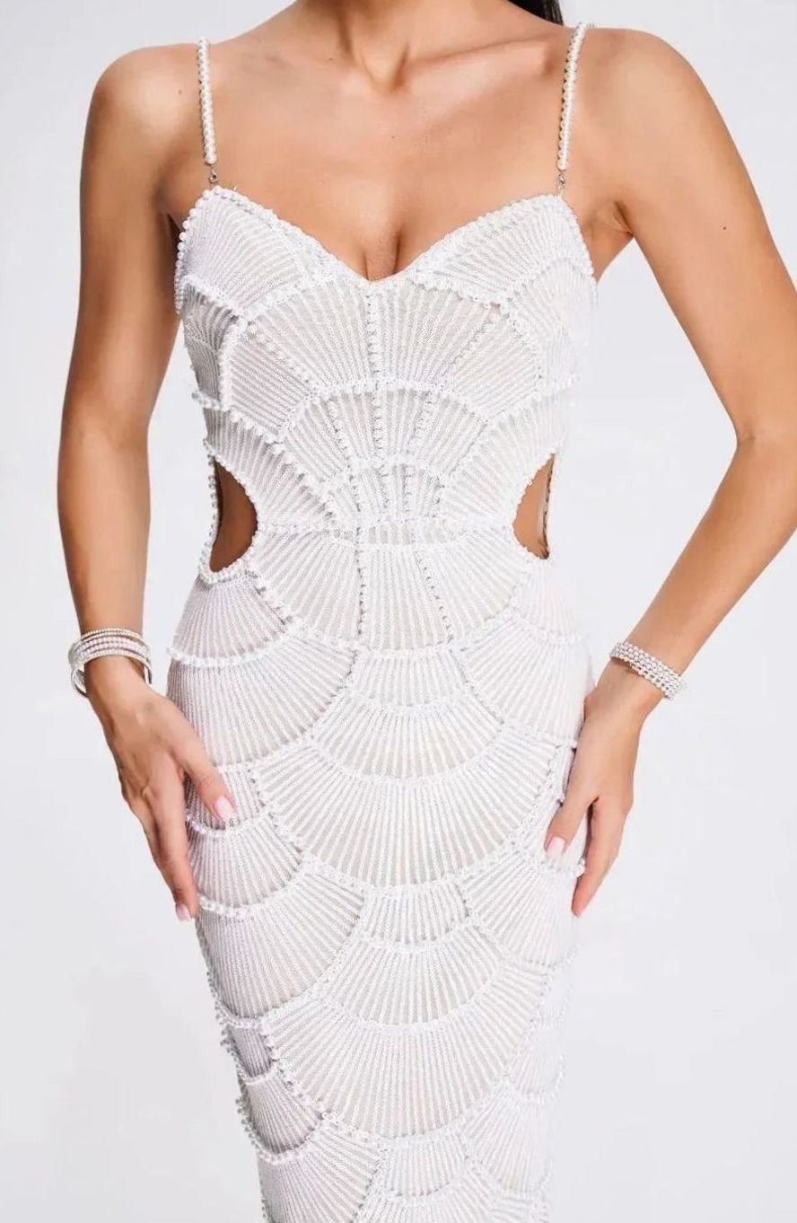 Women's White Sequin Cut-Out Spaghetti Strap Midi Party Dress