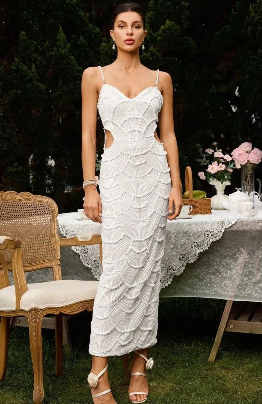Women's White Sequin Cut-Out Spaghetti Strap Midi Party Dress - Color