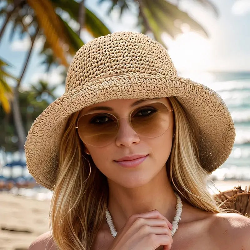 Women's Wide Brim Woven Straw Sun Hat Beach Summer - Beige