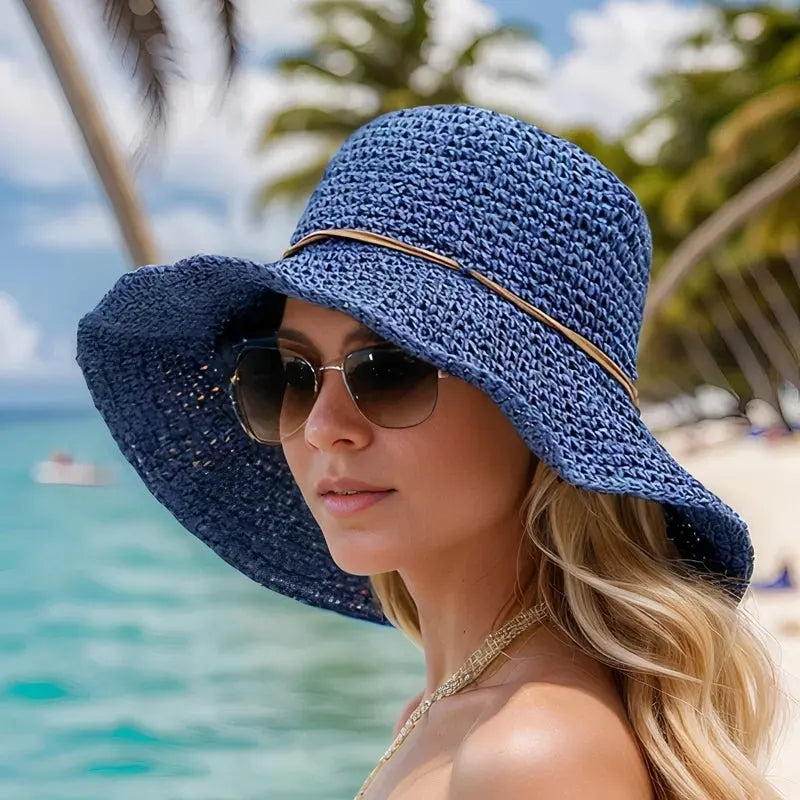 Women's Wide Brim Woven Straw Sun Hat Beach Summer - Blue