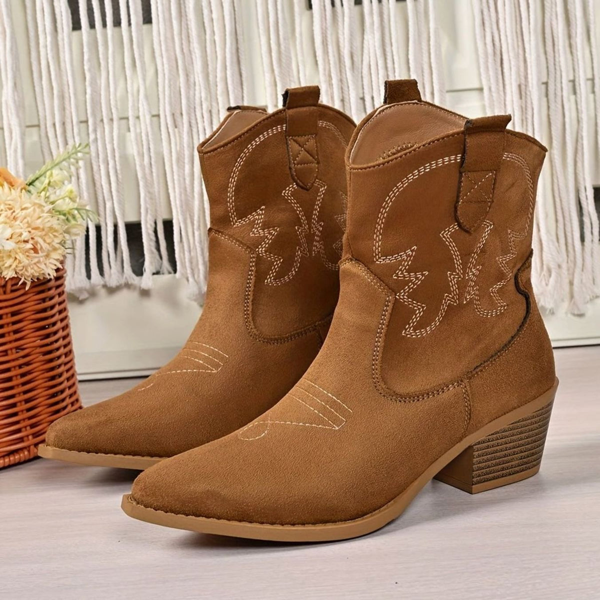Women's Wide-Calf Embroidered Slip-On Western Cowboy Boots - Light Brown