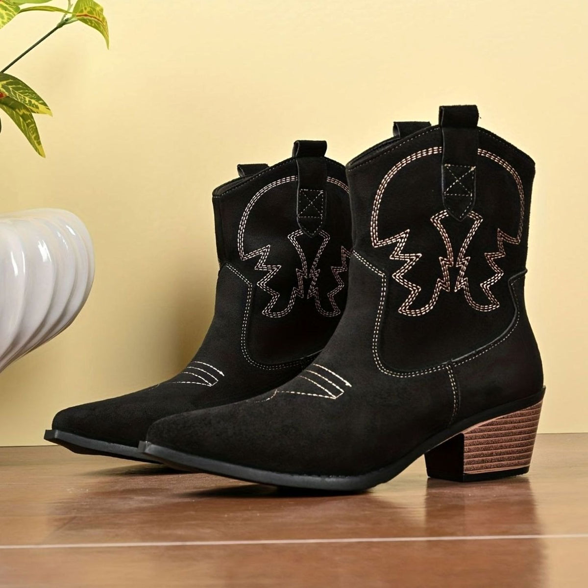 Women's Wide-Calf Embroidered Slip-On Western Cowboy Boots