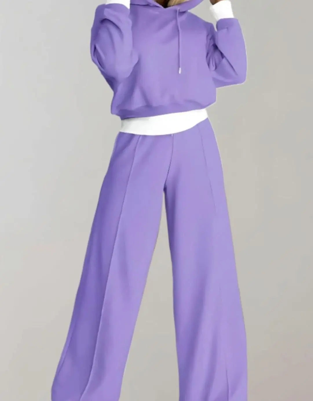 Women's Wide-Leg Drawstring Tracksuit Pants Cropped Hoodie Set - Purple