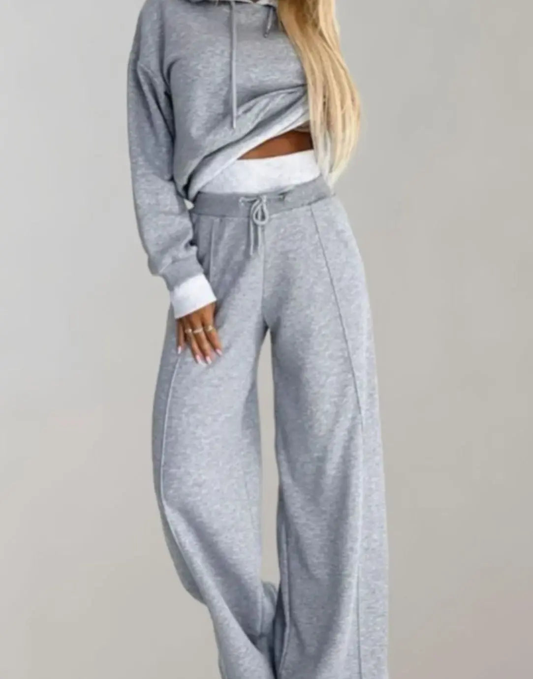 Women's Wide-Leg Drawstring Tracksuit Pants Cropped Hoodie Set - Grey