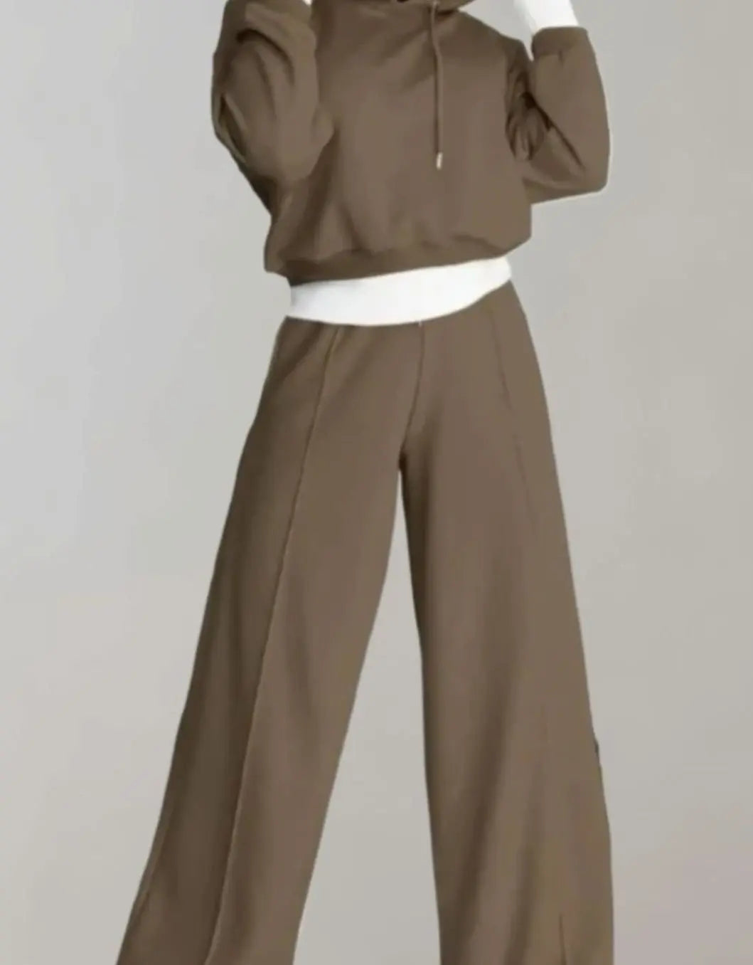 Women's Wide-Leg Drawstring Tracksuit Pants Cropped Hoodie Set - Brown