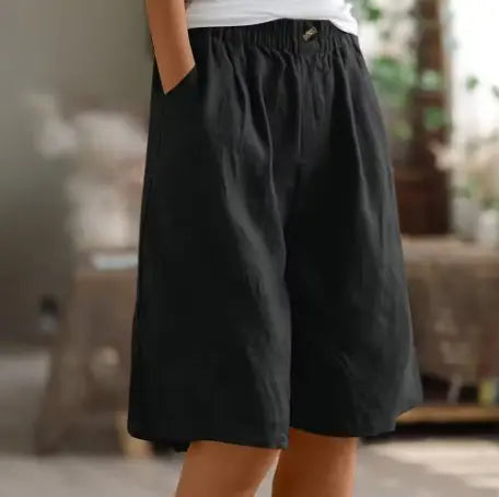 Women's Wide Leg Shorts High Waist Elastic Cotton - Black