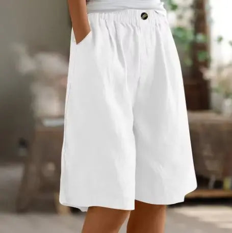Women's Wide Leg Shorts High Waist Elastic Cotton - White