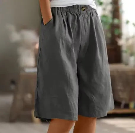 Women's Wide Leg Shorts High Waist Elastic Cotton - Gray