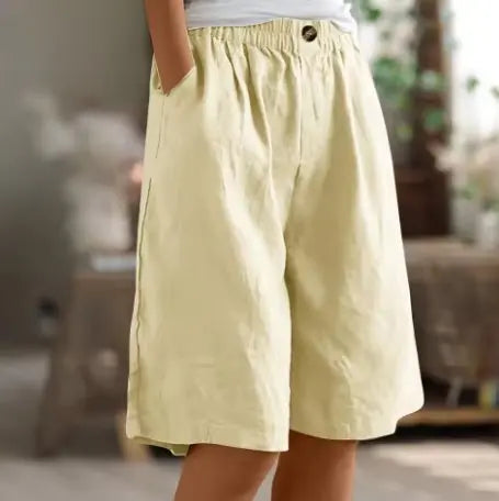 Women's Wide Leg Shorts High Waist Elastic Cotton - Beige