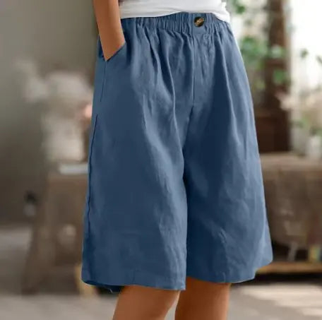 Women's Wide Leg Shorts High Waist Elastic Cotton - Blue