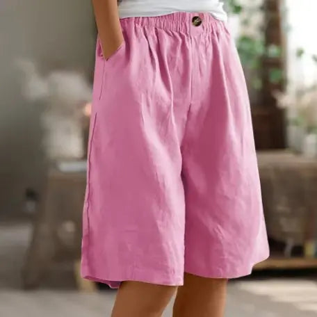 Women's Wide Leg Shorts High Waist Elastic Cotton - Pink