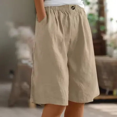 Women's Wide Leg Shorts High Waist Elastic Cotton - Khaki