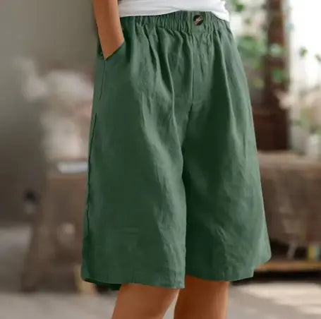 Women's Wide Leg Shorts High Waist Elastic Cotton - Green
