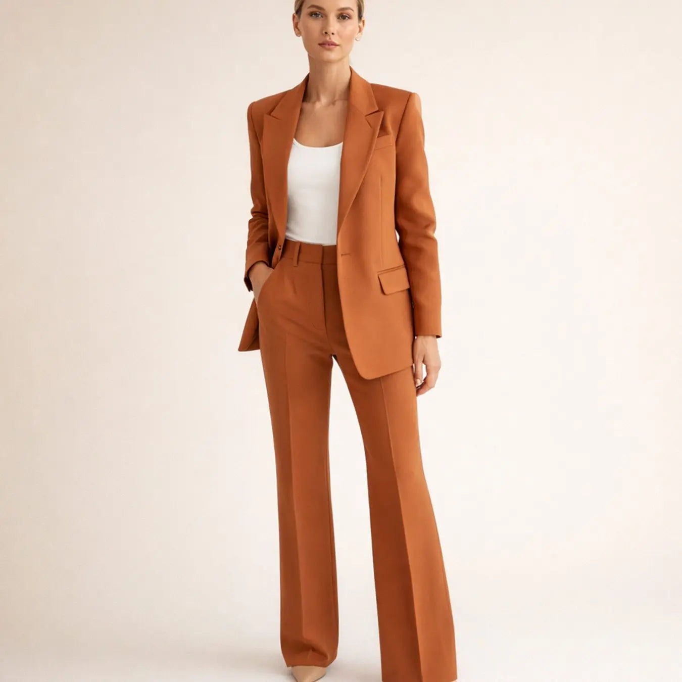 Women's Wide-Leg Tailored Blazer Trouser Suit Set - Brown