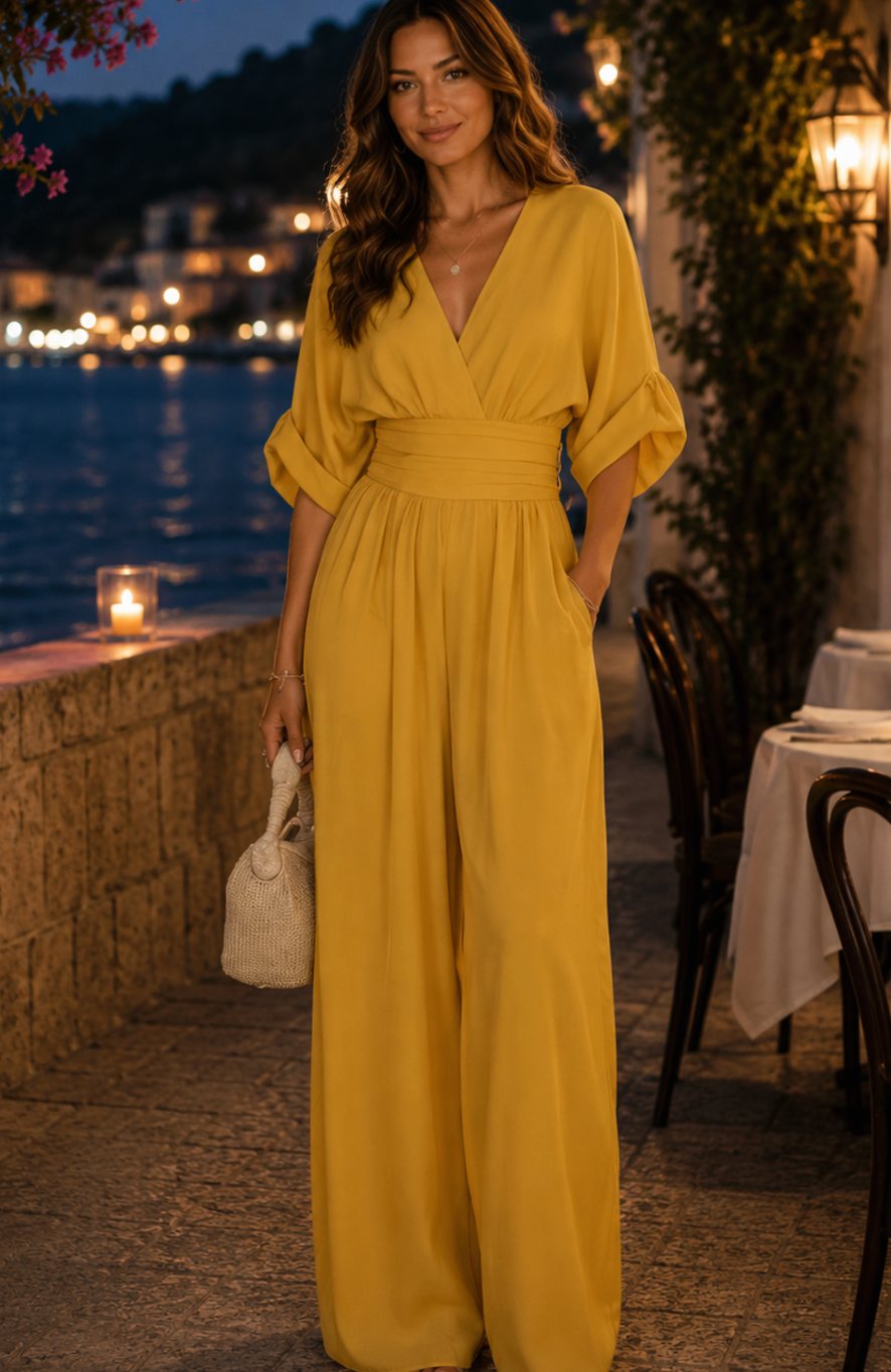 Women's Wide-Leg V-Neck Retro Jumpsuit, Mustard Yellow - Yellow