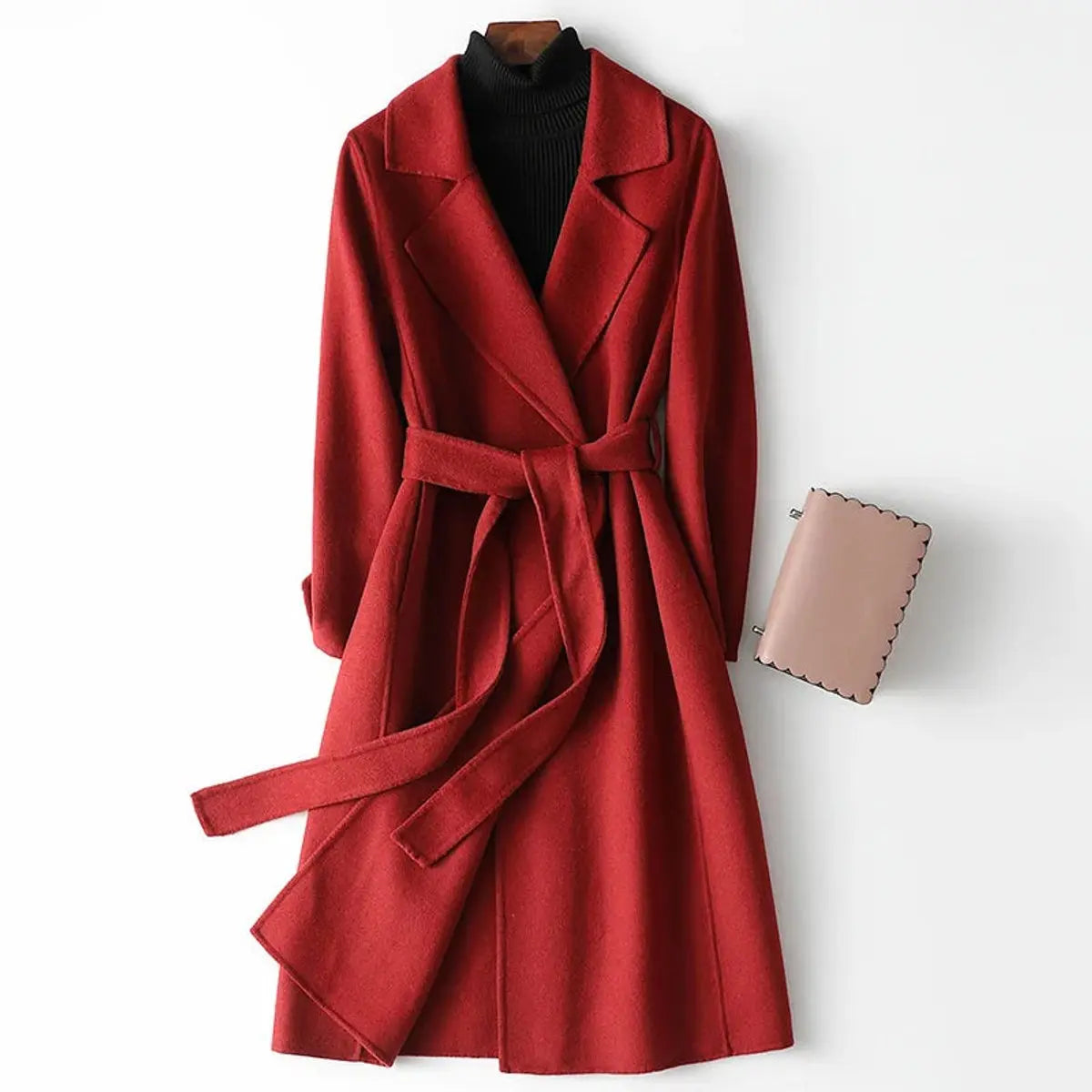 Women's Winter Coat Belted Wrap A-Line Long Wool Blend - Burgundy