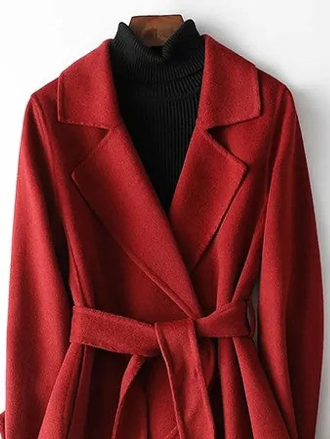 Women's Winter Coat Belted Wrap A-Line Long Wool Blend