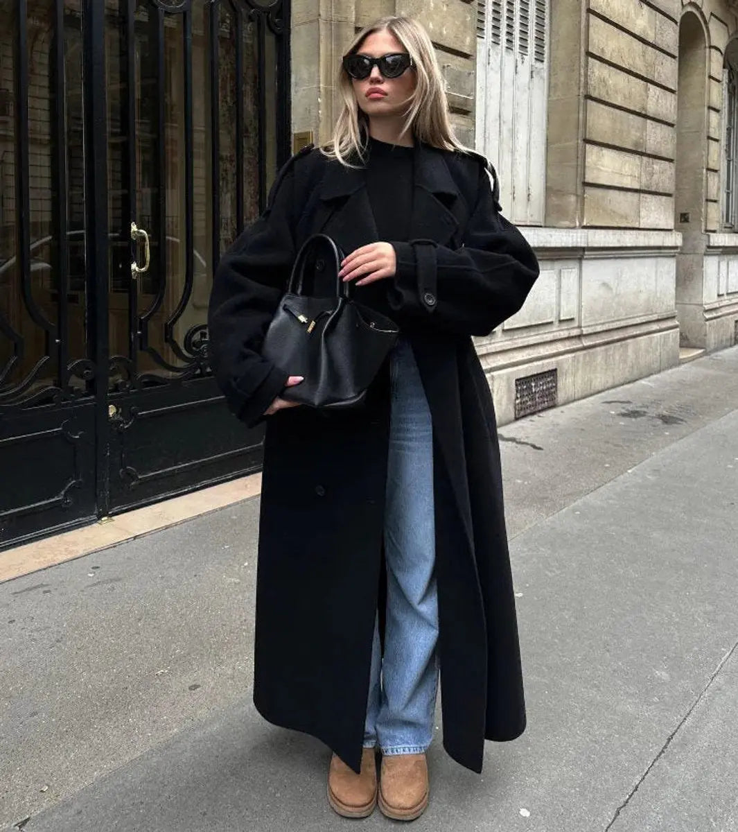 Women's Winter Coat Double-Breasted Belted Long Wool-Look Trench - Black
